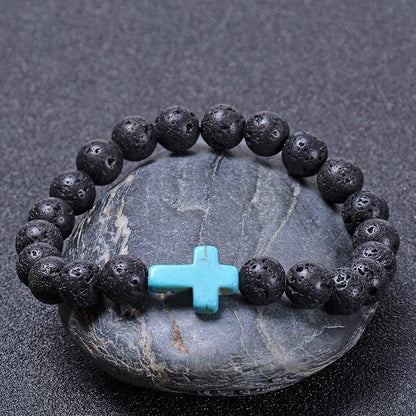 FORUBUS Lava Rock Stone Beaded Bracelet, Cross Charm Natural Volcanic Stone beads Turquoise Stretch Bracelet for Women Men Religion Jewelry Pray Baptism Gift - color: 1pcs turquoise