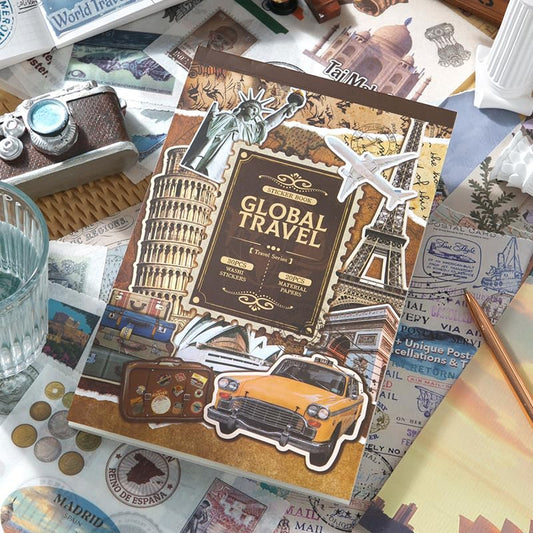Prstincol Vintage Aesthetic Washi Stickers and Papers for Scrapbooking, 50 Sheets Ephemera Book for Art Journaling with Retro Global Travel Theme Stickers and Decoupage Papers for Junk Journal - color: Tiezhishu-travel