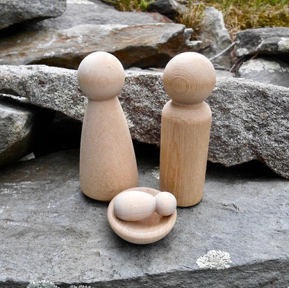 My First Nativity, Four Piece Natural Nativity Wood Dolls, Includes Four Blank Wood Pieces, Mary, Joseph, Baby Jesus and Manger, Christmas Craft, Blank Pegs