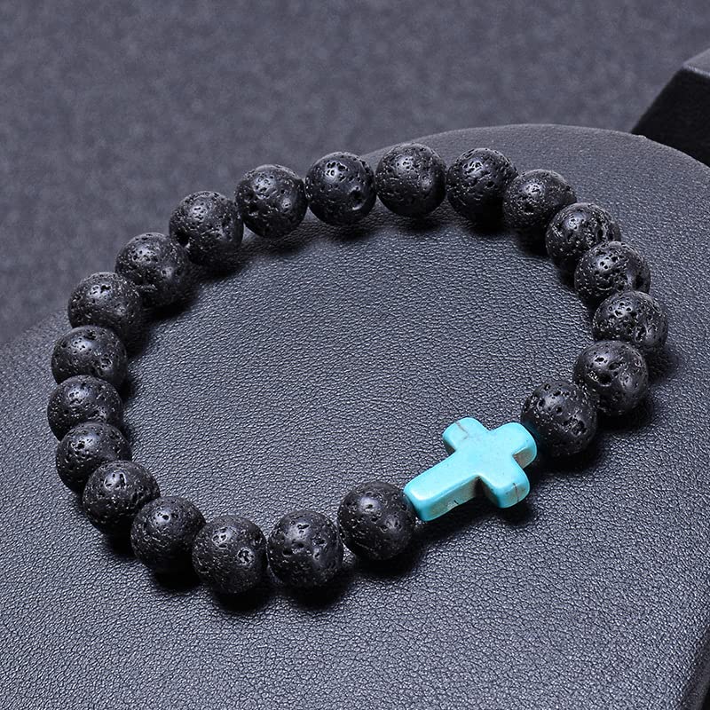FORUBUS Lava Rock Stone Beaded Bracelet, Cross Charm Natural Volcanic Stone beads Turquoise Stretch Bracelet for Women Men Religion Jewelry Pray Baptism Gift - color: 1pcs turquoise
