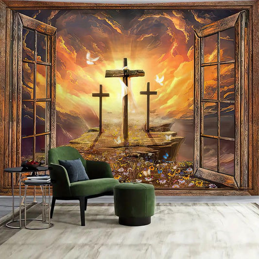 FENDROM Jesus Christ Cross Sunrise Tapestry Sunset Sepulcher Lord Pray Easter Crucifixion Religious Belief Wall Hangings Decor Large Tapestry for Bedroom Living Room Dorm College Church Man Cave - color: Christ, size: 59"L x 51"W