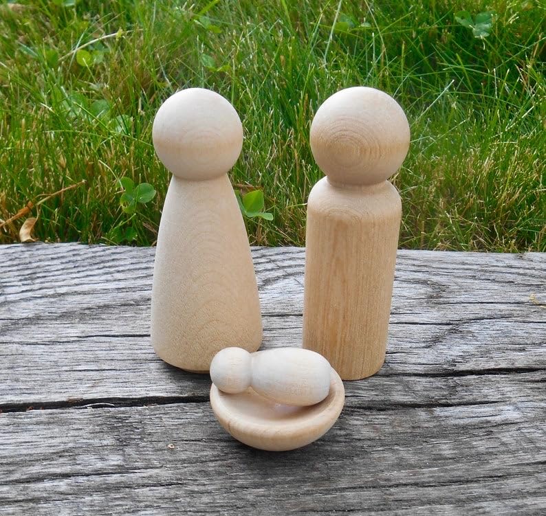 My First Nativity, Four Piece Natural Nativity Wood Dolls, Includes Four Blank Wood Pieces, Mary, Joseph, Baby Jesus and Manger, Christmas Craft, Blank Pegs
