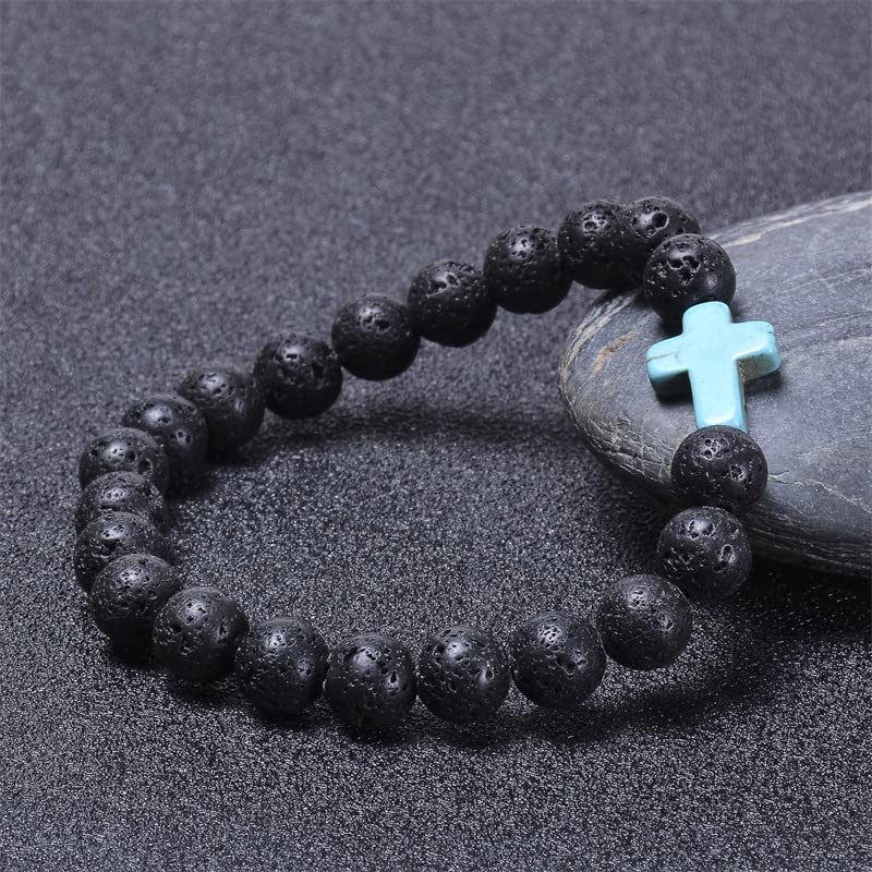 FORUBUS Lava Rock Stone Beaded Bracelet, Cross Charm Natural Volcanic Stone beads Turquoise Stretch Bracelet for Women Men Religion Jewelry Pray Baptism Gift - color: 1pcs turquoise