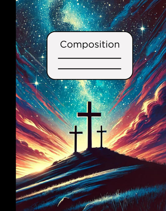 Composition Notebook: Christian Three Crosses on a Hill at Night Design with 120 Pages, College Ruled, 7.5 x 9.5