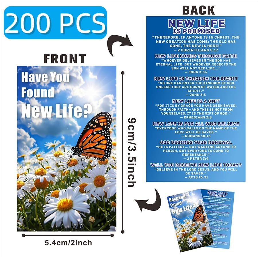 200 Pcs “New Life in Christ” Gospel Tract Cards – Double-Sided Christian Bible Verse Postcards with Butterfly and Daisy Design, Evangelism Cards for Church Outreach & Faith Sharing