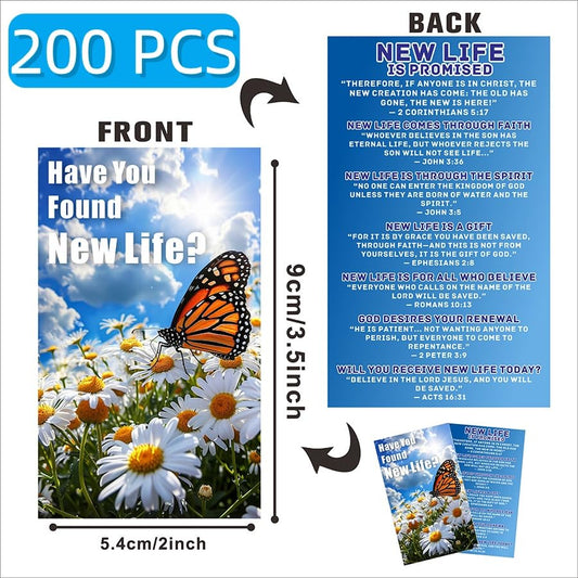 200 Pcs “New Life in Christ” Gospel Tract Cards – Double-Sided Christian Bible Verse Postcards with Butterfly and Daisy Design, Evangelism Cards for Church Outreach & Faith Sharing