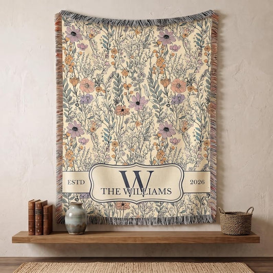 Chillever Personalized Monogram Woven Blanket with Last Name, Custom Floral Throw Blankets for Couch Bed, Cotton Anniversary Wedding Gift for Couple, New Home Housewarming Presents 5 - color: A8