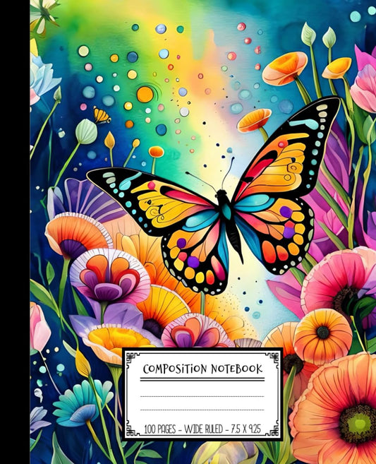 Composition Notebook: Colorful Wide Ruled Notebook for Writing at School & Home. Unlock your Potential with a Butterfly & Flowers Cover in Watercolor Style. Line Journal for Girls, Teens, & Students