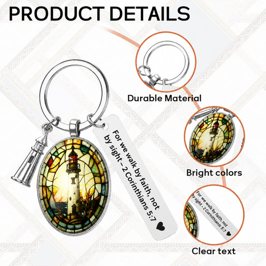 3D Glass Lighthouse Keychain with Bible Verses,Christian Gifts for Women Faith - color: 2 Corinthians 5:7