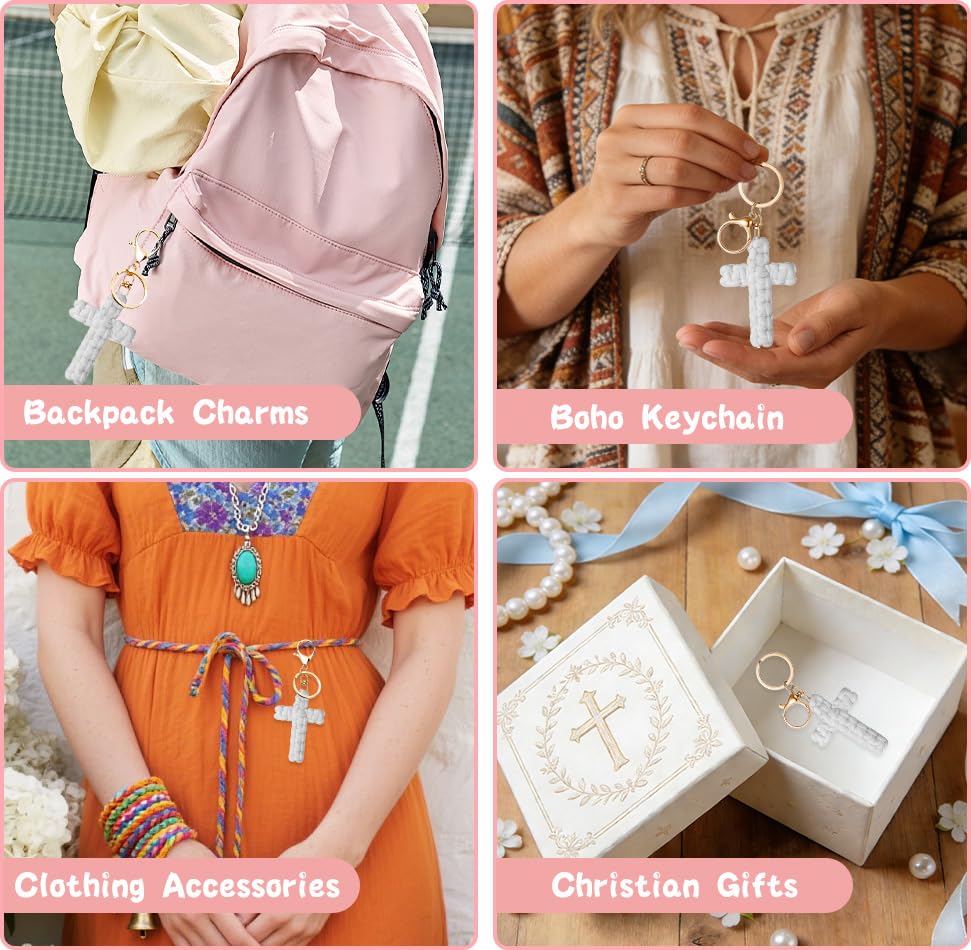 Knit Cross keychain Christian Gifts for Women Men Religious Gifts Bohe Backpack Charms Christian Keychain - color: White