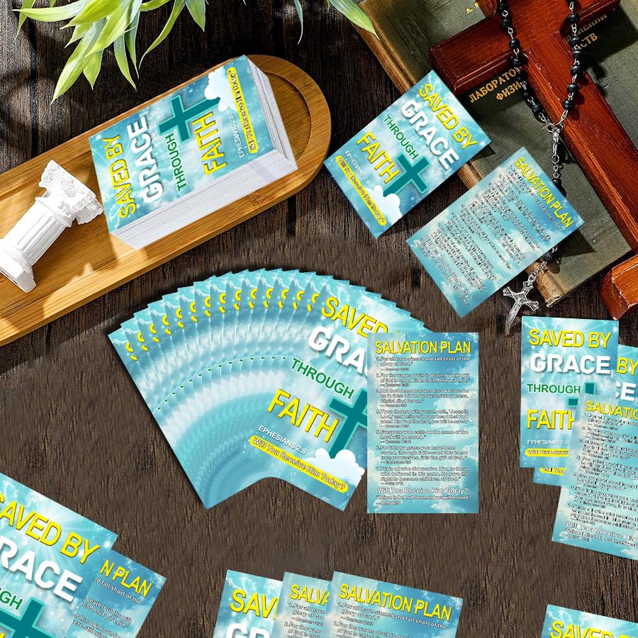 200 Pcs “Saved by Grace Through Faith” Gospel Tract Cards – Double-Sided Christian Evangelism Cards with Salvation Plan and Scripture Verses, Faith Sharing Postcards for Ministry Use
