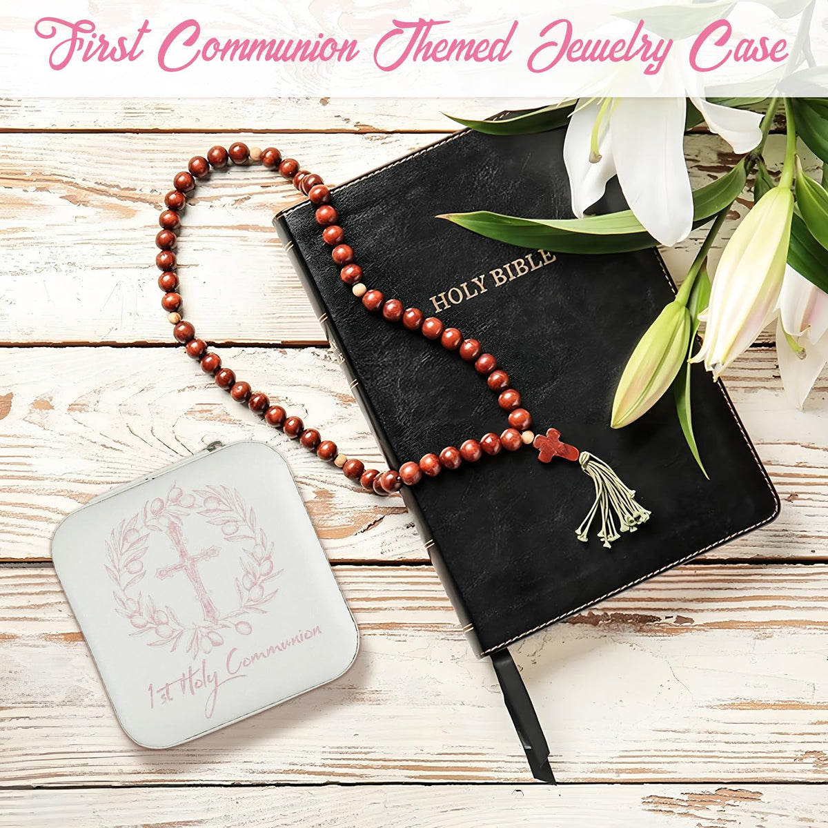 Holy Communion Travel Jewelry Box, First Communion Gifts Jewelry Case for Women, Religious 1st Holy Communion Baptism Gift Small Square Container with Zipper for Rings Earrings Necklaces, White (1)