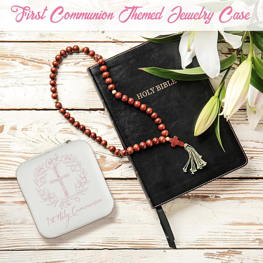 Holy Communion Travel Jewelry Box, First Communion Gifts Jewelry Case for Women, Religious 1st Holy Communion Baptism Gift Small Square Container with Zipper for Rings Earrings Necklaces, White (1)