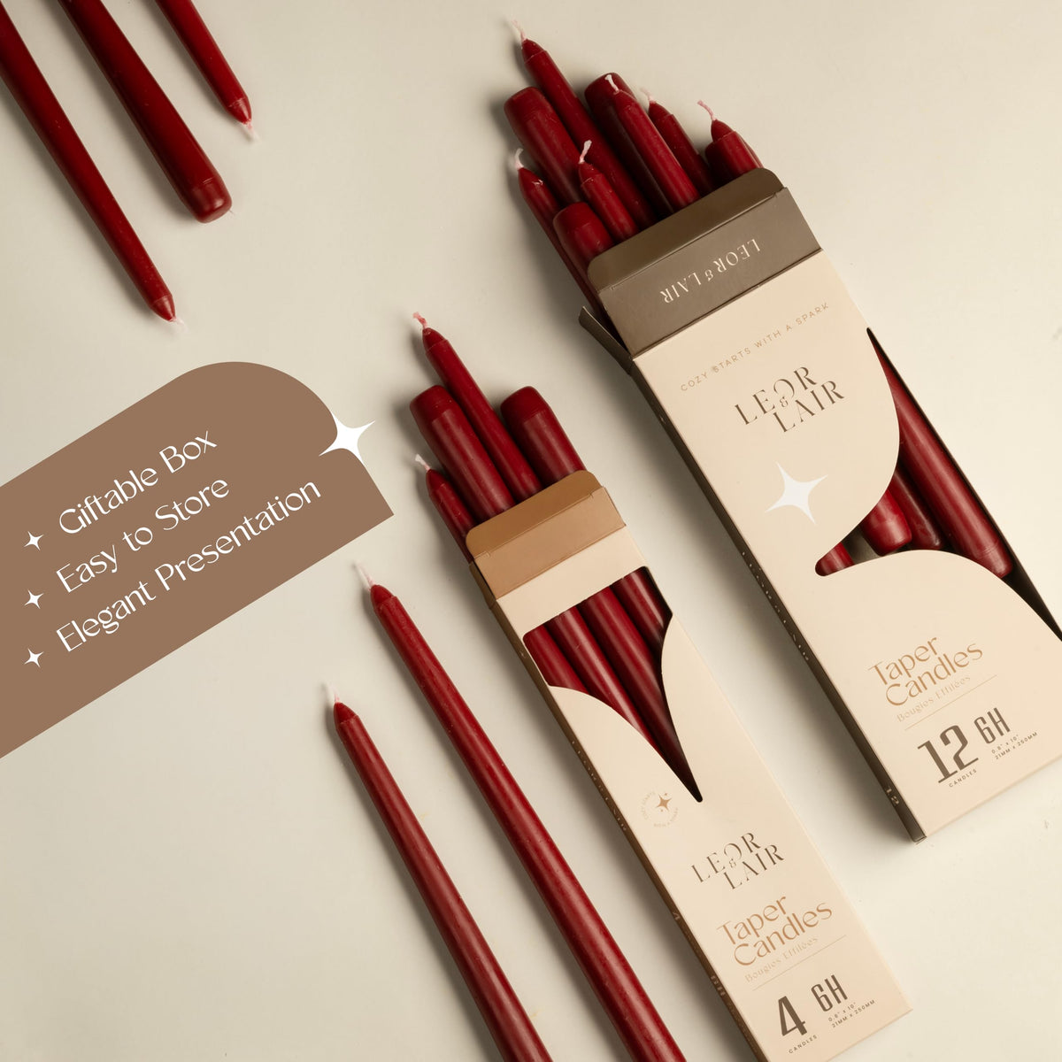 Leor & Lair Dark Red Taper Candles, 12 Pack, 10" Unscented Burgundy Candles - color: Dark Red