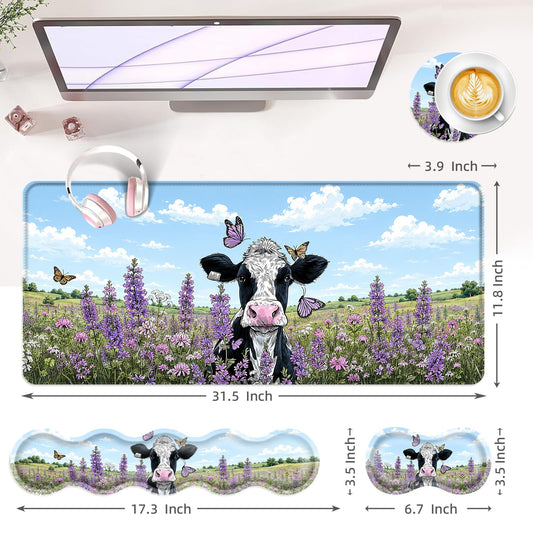 Large Keyboard Mouse Pad Set, Extended Mouse Pad+Keyboard Wrist Rest Support, Memory Foam Ergonomic Easy Typing, 4Pcs (31.5×11.8 in) Desk Pad Set for Office Home,Butterfly Cow in Flower Field - color: Butterfly Cow in Flower Field-2-2