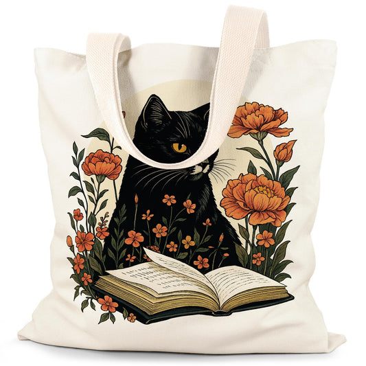 Canvas Tote Bag Aesthetic for Women, Cute Tote Bag with Zipper Pocket, Heavy Duty Reusable Shopping Bags for Grocery - color: 04-cat Floral