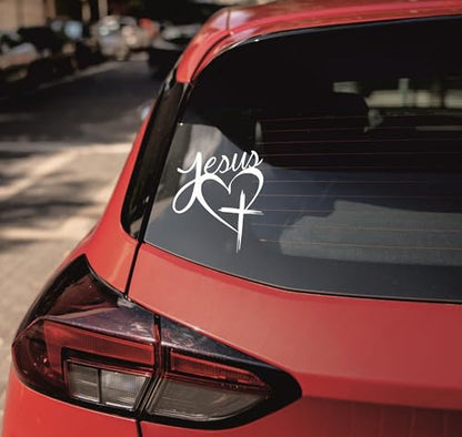 Jesus Heart Cross Decal – Christian Vinyl Sticker – Religious Car or Laptop Decal – Jesus Love Bumper Sticker – Cross Heart Symbol (6"x 5") (White)