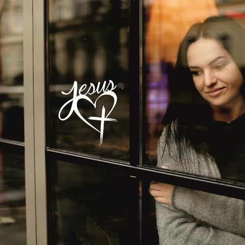 Jesus Heart Cross Decal – Christian Vinyl Sticker – Religious Car or Laptop Decal – Jesus Love Bumper Sticker – Cross Heart Symbol (6"x 5") (White)
